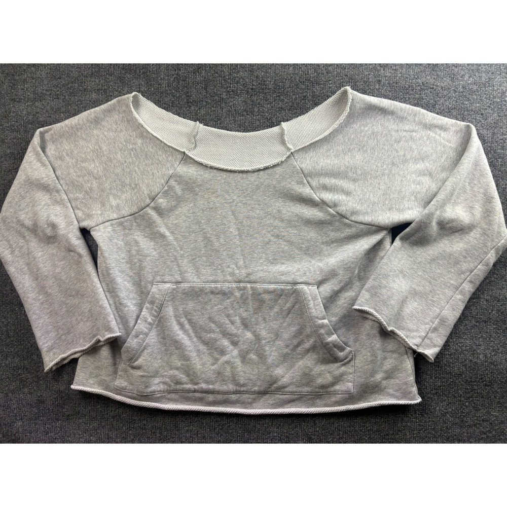 Athleta Sweatshirt Womens Medium Gray Off Shoulder Raw Hem Kangaroo Raglan